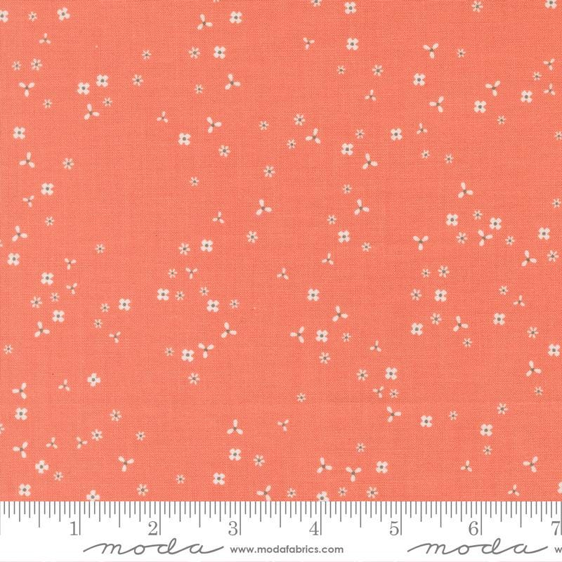 The image is a fabric with a repeating pattern of small white flowers or dots on a bright orange background.