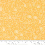 The image is a repeating pattern of yellow flowers and leaves on a fabric surface.