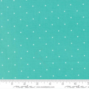 The image is a close-up of a fabric with a teal green background and white dotted pattern.