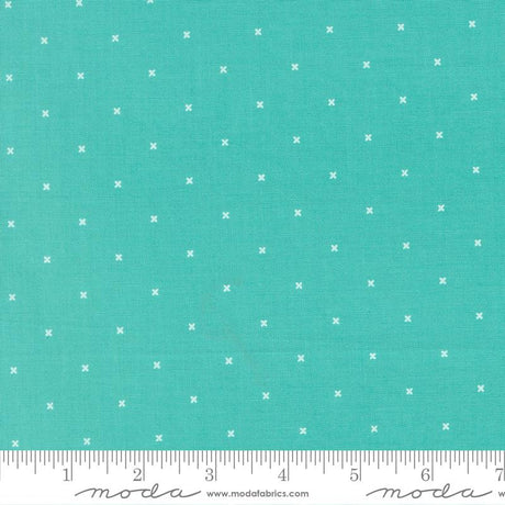 The image is a close-up of a fabric with a teal green background and white dotted pattern.