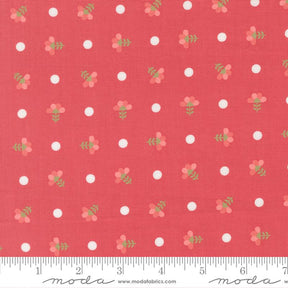 a red fabric with white polka dots and small green flowers printed on it. The fabric appears to be a part of a larger textile or garment, as indicated by the ruler for scale.