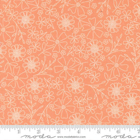 a repeating pattern of white flowers and leaves on an orange background.