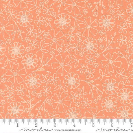 a repeating pattern of white flowers and leaves on an orange background.