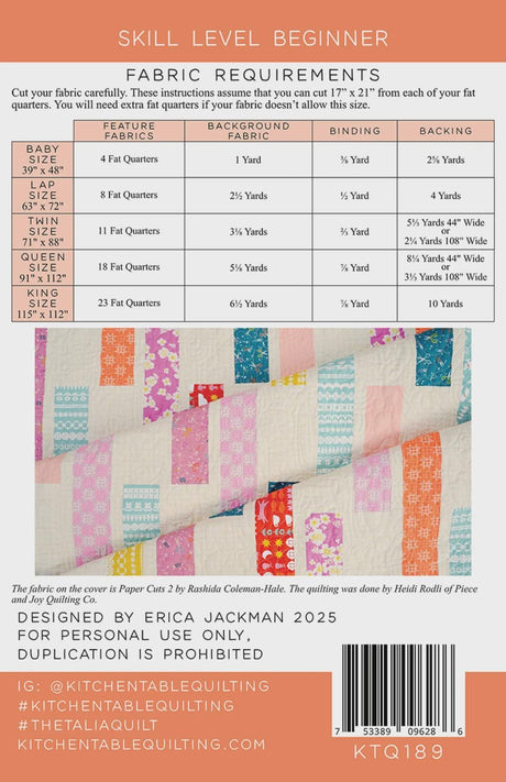 The Talia Quilt Paper Pattern KTQ162189 by Kitchen Table Quilting (baby, lap, twin, queen and King Size)