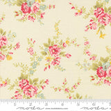 a fabric with a floral pattern in shades of pink and green. The pattern consists of various flowers and leaves, creating a visually appealing and intricate design. The fabric appears to be a light-colored material, possibly a cotton or linen fabric, which is suitable for sewing or other textile applications.