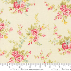 a fabric with a floral pattern in shades of pink and green. The pattern consists of various flowers and leaves, creating a visually appealing and intricate design. The fabric appears to be a light-colored material, possibly a cotton or linen fabric, which is suitable for sewing or other textile applications.