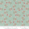 a repeating pattern of small flowers and leaves on a light green background, with red birds scattered throughout the pattern.