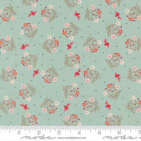 a repeating pattern of small flowers and leaves on a light green background, with red birds scattered throughout the pattern.
