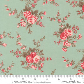 a repeating floral pattern with pink and red flowers on a light green background.