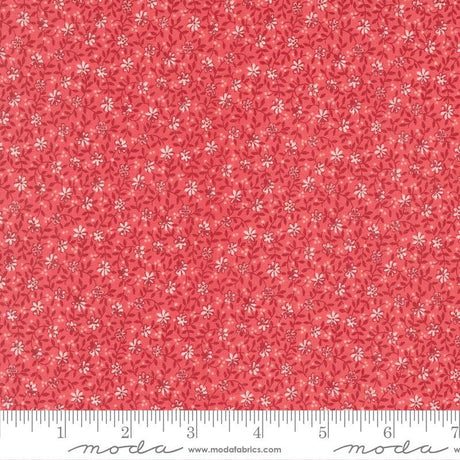 The image is a close-up of a fabric with a red floral pattern.