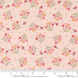 The image is a fabric with a repeating pattern of pink flowers and birds on a light pink background.