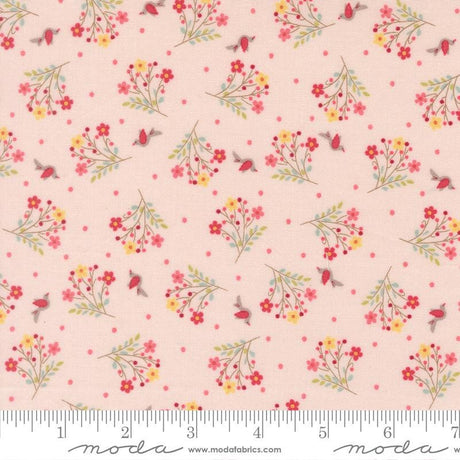 The image is a fabric with a repeating pattern of pink flowers and birds on a light pink background.
