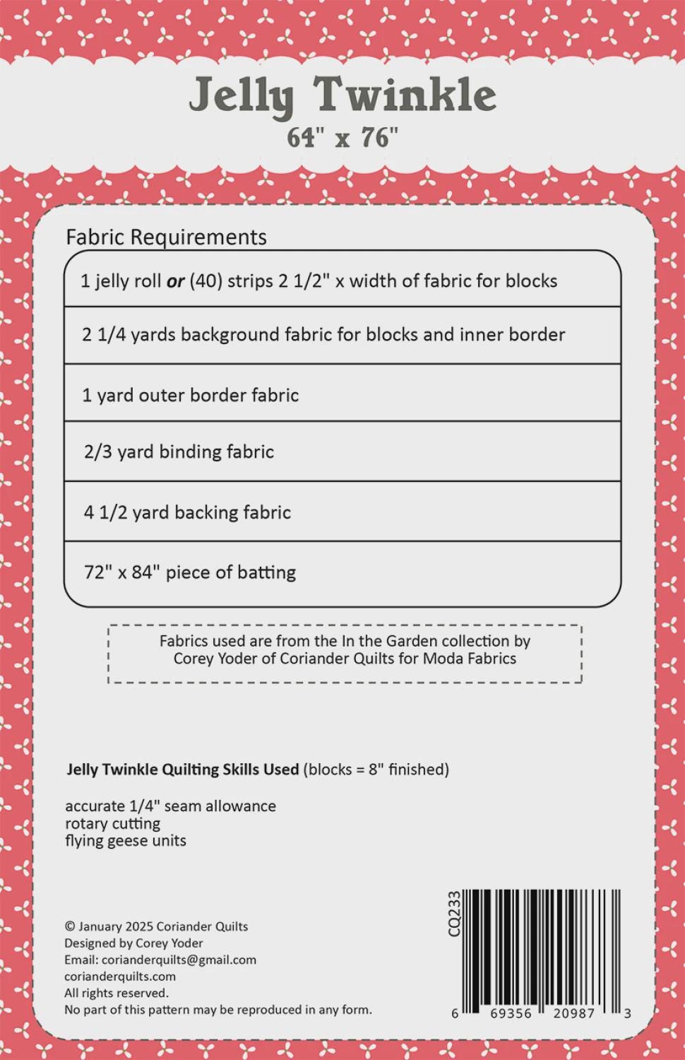 Jelly Twinkle Quilt Pattern CQP 233 by Cory Yoder of Coriander Quilts 64" x 76"