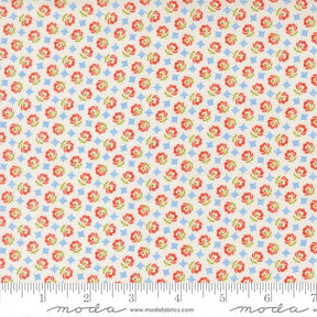 a fabric with a repeating pattern of red flowers and blue flowers. The pattern is arranged in a diagonal grid-like design, creating a visually appealing and intricate design.