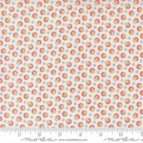 a fabric with a repeating pattern of red flowers and blue flowers. The pattern is arranged in a diagonal grid-like design, creating a visually appealing and intricate design.
