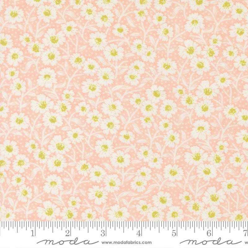 a repeating pattern of white and yellow flowers on a peach-colored background.