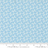 The image is a fabric with a repeating pattern of blue flowers and white flowers. The pattern is composed of small blue flowers and white flowers arranged in a grid-like fashion. The fabric appears to be light blue in color.