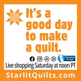 The image is an advertisement for a quilting event, featuring a large orange star and text that reads "It's a good day to make a quilt."