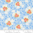 The image is a fabric with a floral pattern in shades of blue and white. The pattern consists of various flowers and leaves, some of which are red and green. The fabric appears to be a soft, textured material. There is a ruler visible in the image, which indicates the fabric's size.