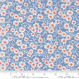 a repeating pattern of white and red flowers on a blue background.