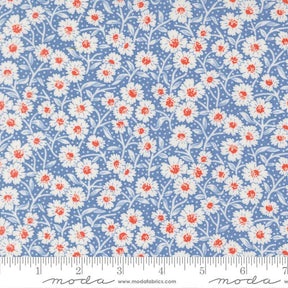 a repeating pattern of white and red flowers on a blue background.
