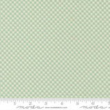 a fabric with a green and white checkered pattern. The fabric appears to be a gingham pattern, which is a type of fabric with a diagonal grid-like pattern of squares. The fabric is displayed on a ruler for scale, indicating its size.