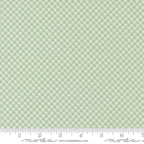 a fabric with a green and white checkered pattern. The fabric appears to be a gingham pattern, which is a type of fabric with a diagonal grid-like pattern of squares. The fabric is displayed on a ruler for scale, indicating its size.
