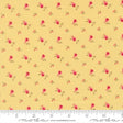 The image is a repeating pattern of small pink flowers on a yellow background.