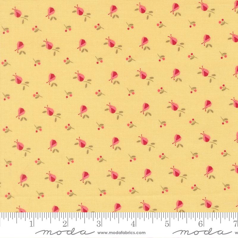 The image is a repeating pattern of small pink flowers on a yellow background.