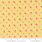 The image is a repeating pattern of small pink flowers on a yellow background.