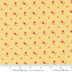 The image is a repeating pattern of small pink flowers on a yellow background.