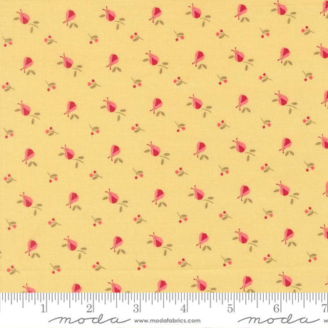 The image is a repeating pattern of small pink flowers on a yellow background.