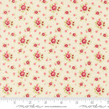 a fabric with a floral pattern of red and green flowers.