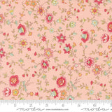 The image is a fabric with a floral pattern in shades of pink and green. The pattern consists of various flowers and leaves, creating a visually appealing and intricate design. The fabric appears to be a soft, pastel-colored material, suitable for sewing or other textile applications.