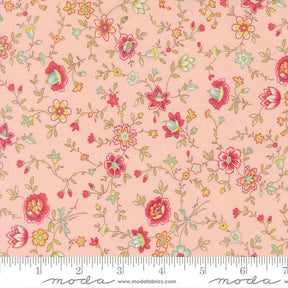 The image is a fabric with a floral pattern in shades of pink and green. The pattern consists of various flowers and leaves, creating a visually appealing and intricate design. The fabric appears to be a soft, pastel-colored material, suitable for sewing or other textile applications.