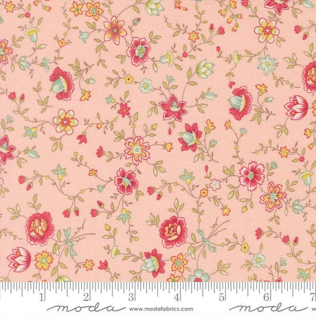 The image is a fabric with a floral pattern in shades of pink and green. The pattern consists of various flowers and leaves, creating a visually appealing and intricate design. The fabric appears to be a soft, pastel-colored material, suitable for sewing or other textile applications.