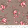 a repeating floral pattern with pink and red flowers against a brown background.
