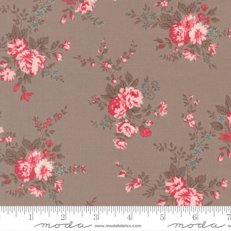 a repeating floral pattern with pink and red flowers against a brown background.