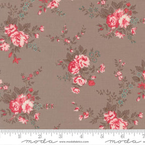 a repeating floral pattern with pink and red flowers against a brown background.