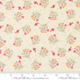 The image is a fabric with a repeating pattern of small flowers and birds on a light background.