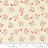 The image is a fabric with a repeating pattern of small flowers and birds on a light background.