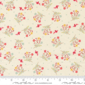 The image is a fabric with a repeating pattern of small flowers and birds on a light background.