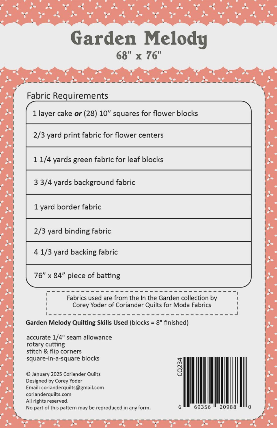 Garden Melody # CQP234 Quilt Pattern by Coriander Quilts CQ234 Quilt Size: 68" x 76"