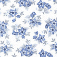 a repeating pattern of blue flowers with white centers and leaves against a white background.