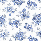 a repeating pattern of blue flowers with white centers and leaves against a white background.