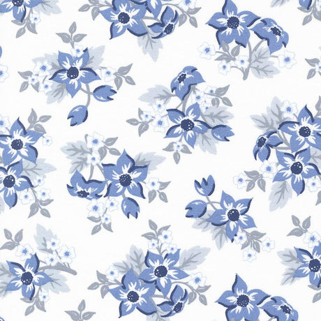 a repeating pattern of blue flowers with white centers and leaves against a white background.