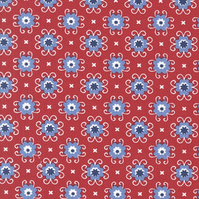 a repeating pattern of blue and white flowers on a red background.