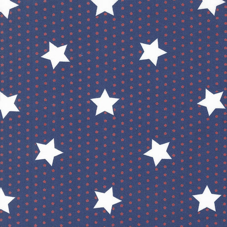 a pattern of white stars against a navy blue background with red polka dots.