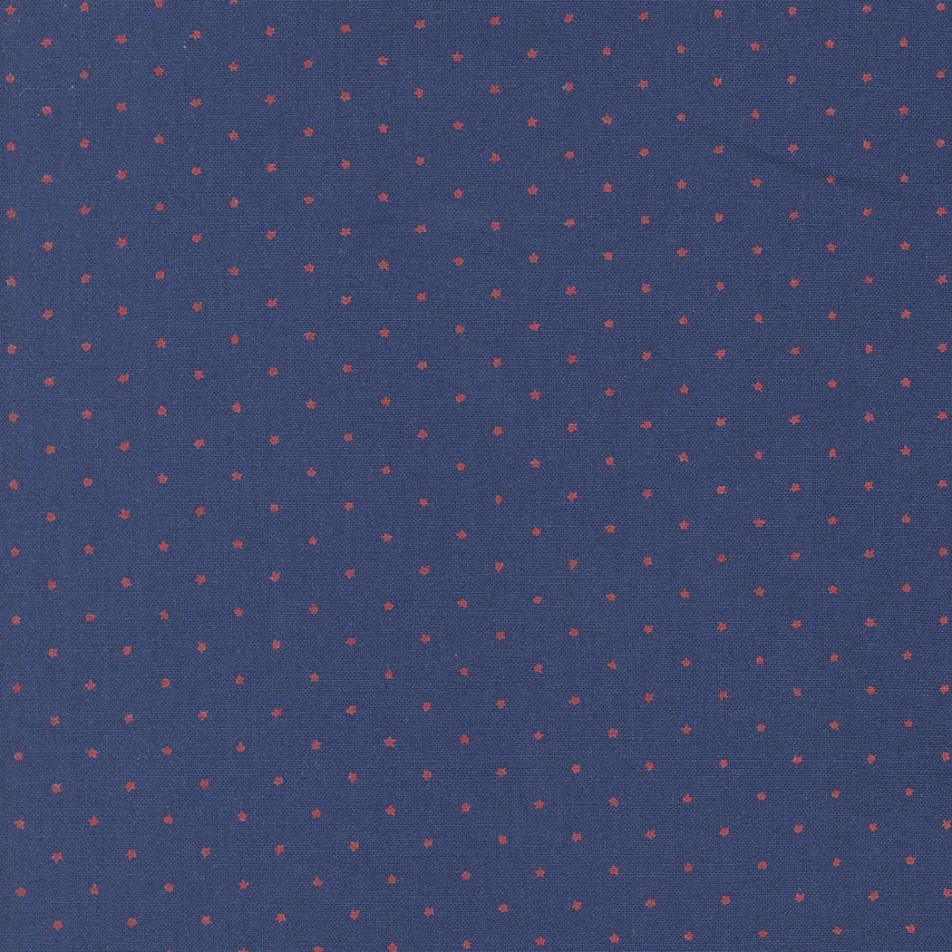 a close-up view of a fabric with a pattern of small red dots against a navy blue background.