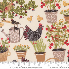 The image is a collage of various potted plants, flowers, and chickens, all set against a white background. The potted plants and flowers are arranged in a visually appealing manner, with the chickens adding a touch of liveliness to the scene. The image does not contain any text, and the focus is on the visual elements and their arrangement.